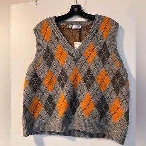 NWT Zara Gray and Orange Argyle Sweater Vest, Size L